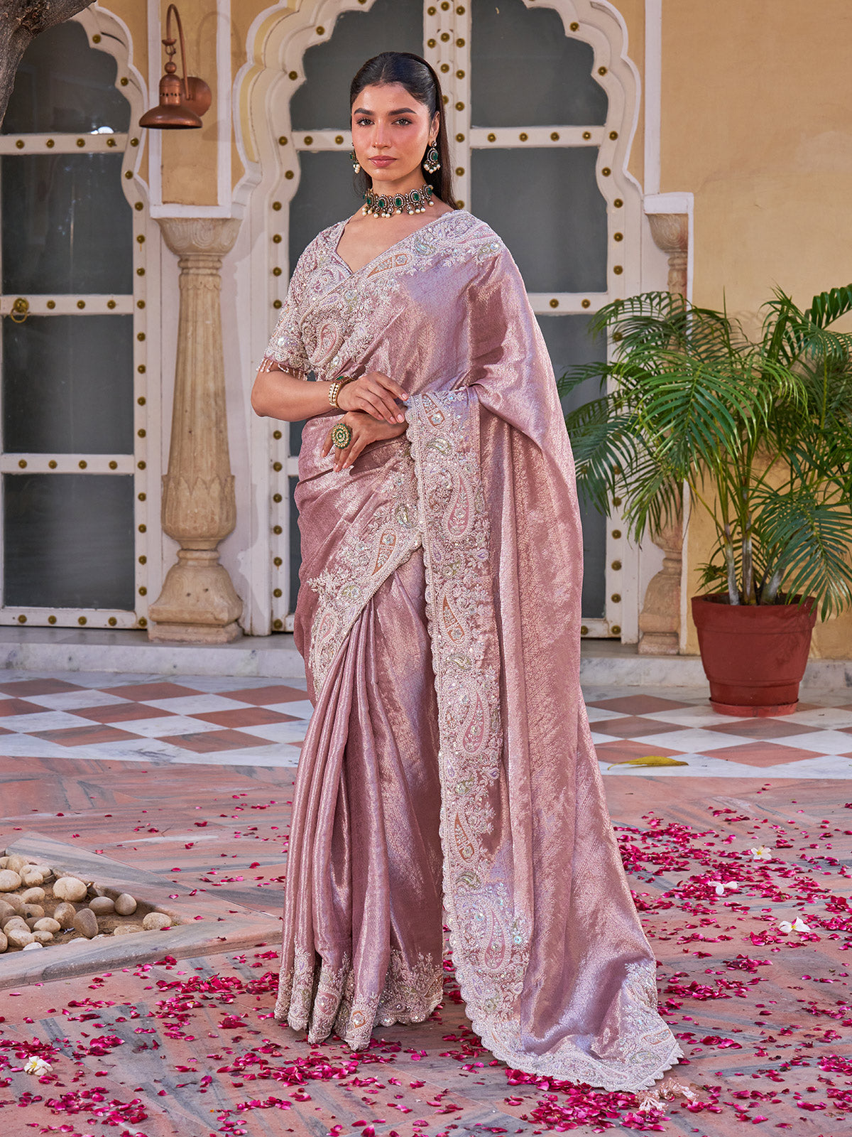 Mauve shimmer tissue silk saree with sequin jaal embroidery