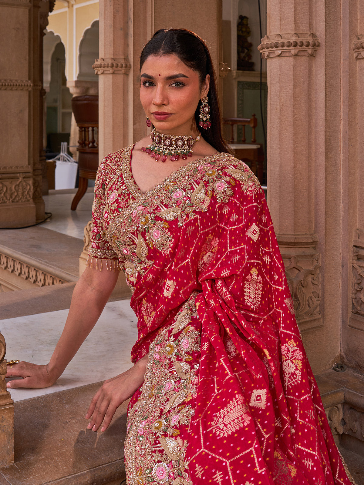 Crimson red silk georgette saree with peacock embroidery work