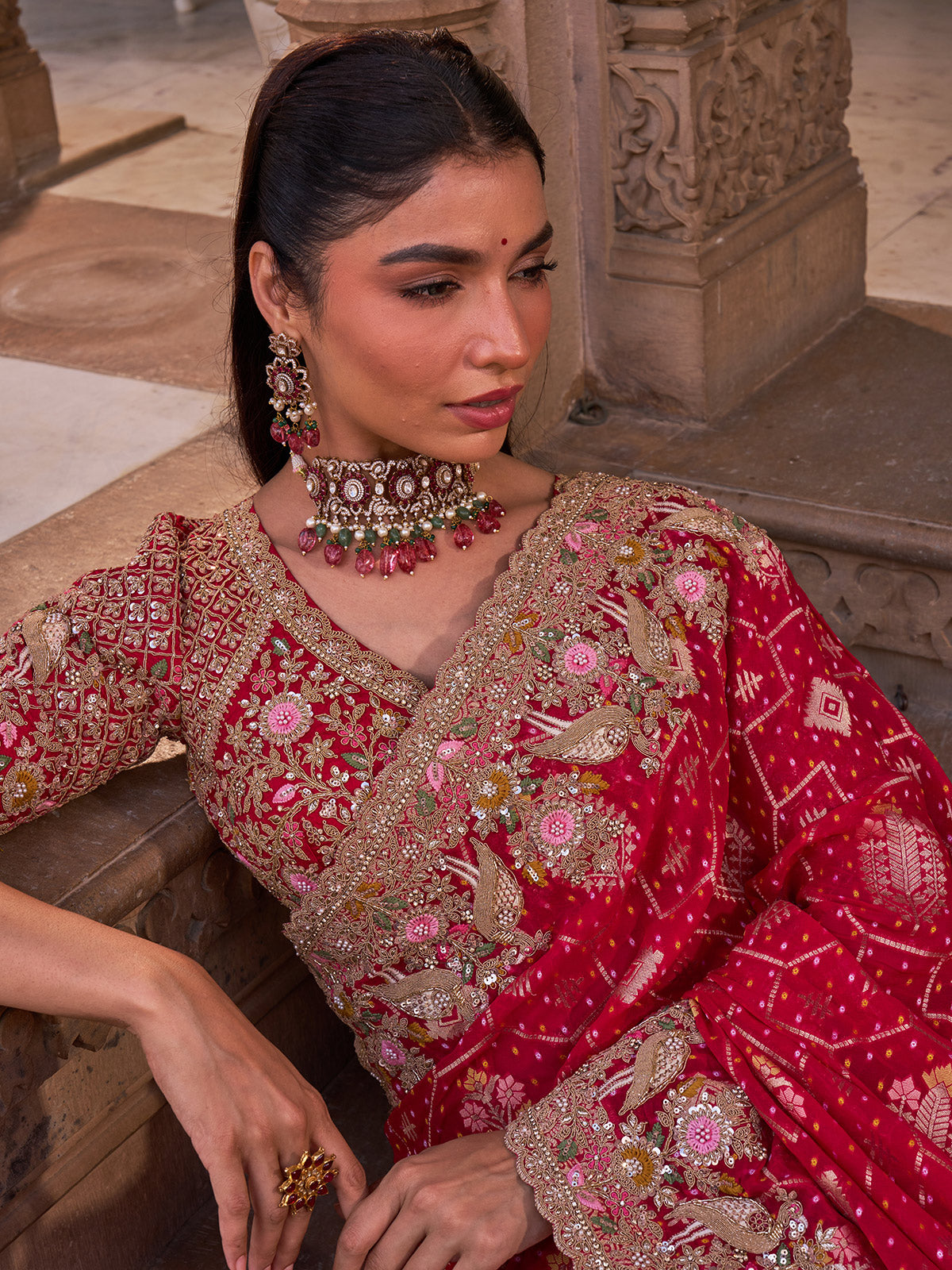 Crimson red silk georgette saree with peacock embroidery work