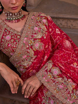 Crimson red silk georgette saree with peacock embroidery work