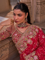 Crimson red silk georgette saree with peacock embroidery work