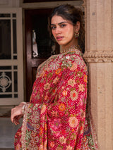 Fuchsia pink georgette saree with multicolor resham embroidery