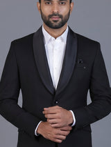 Black solid terry rayon blazer for formal wear
