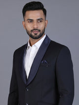 Navy solid terry rayon blazer for formal occasions