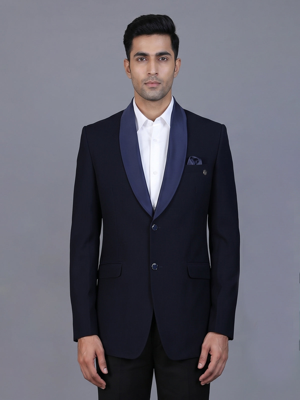 Navy terry rayon blazer for party wear