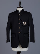 Black polyester viscose jodhpuri suit with brooch