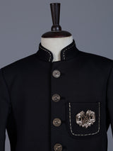 Black polyester viscose jodhpuri suit with brooch