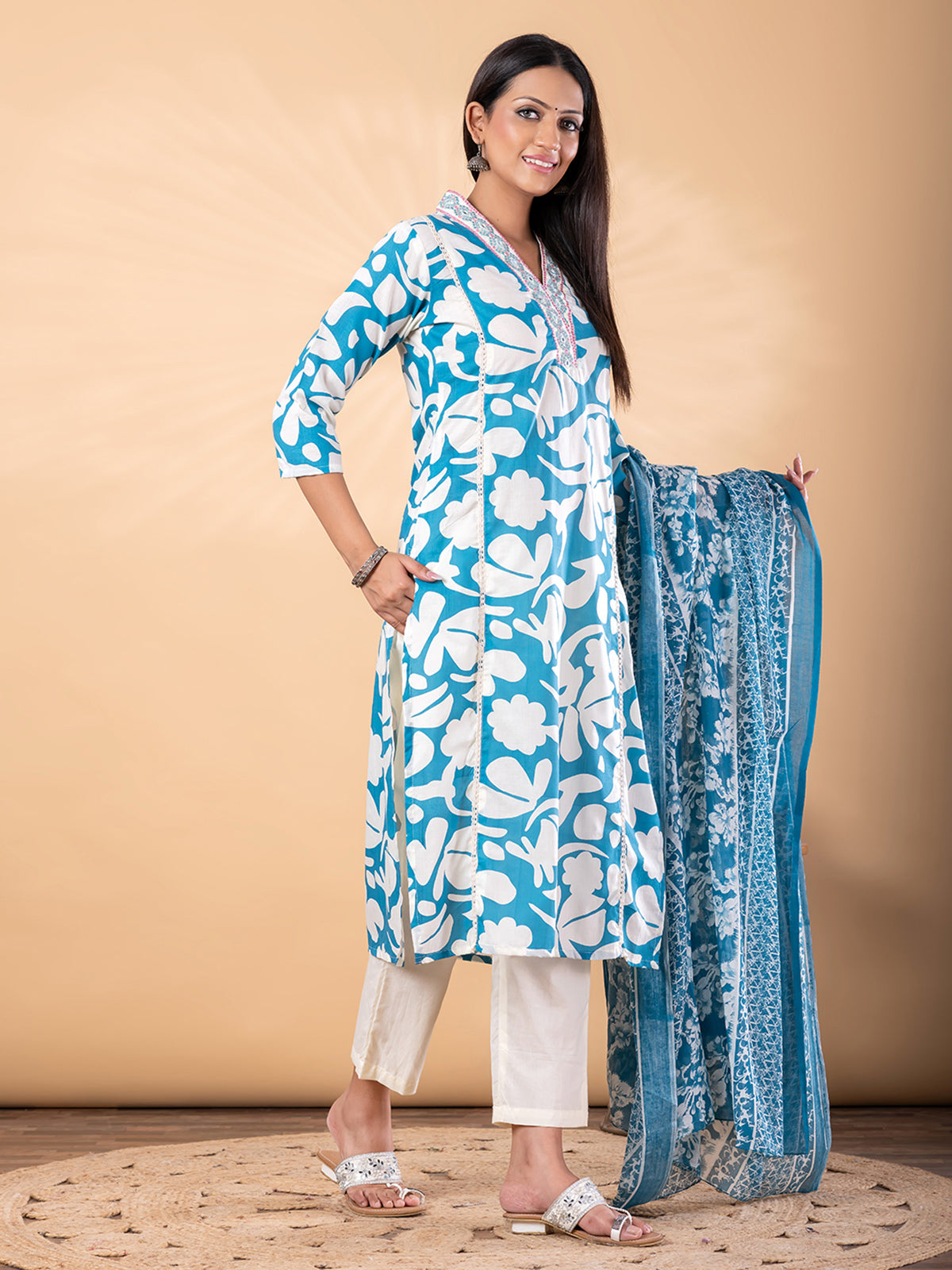 Blue cotton kurti set with printed dupatta