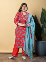 Red cotton printed kurti set for casuals