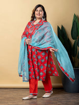 Red cotton printed kurti set for casuals