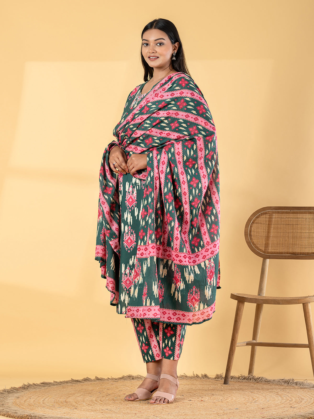 Green cotton printed kurti set for casual wear