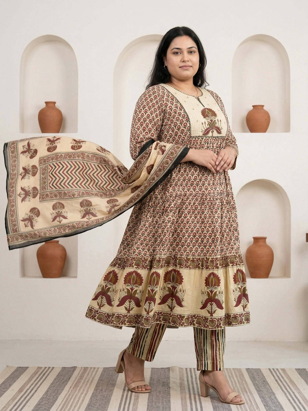 Cream cotton printed festive wear kurti set with dupatta