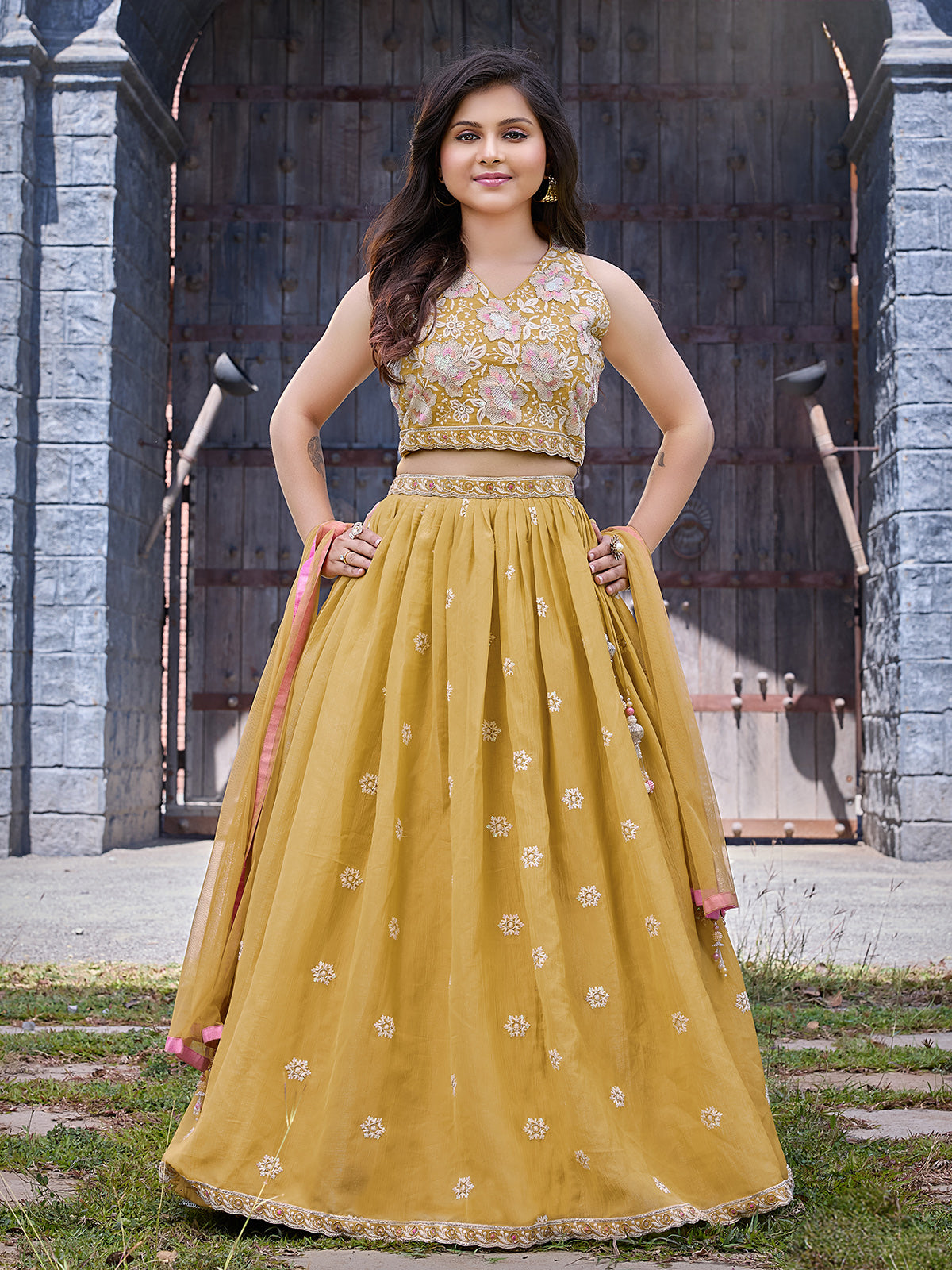 Yellow chiffon lehenga choli for wedding