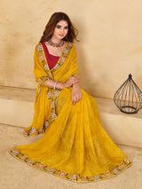 Yellow georgette printed saree with festive shimmer