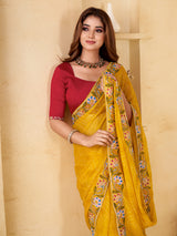 Yellow georgette printed saree with festive shimmer