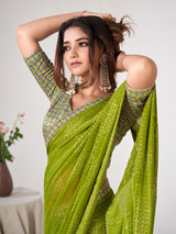 Parrot green georgette saree with gota detailing
