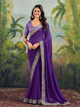 Purple raw silk bandhej saree with sequin work
