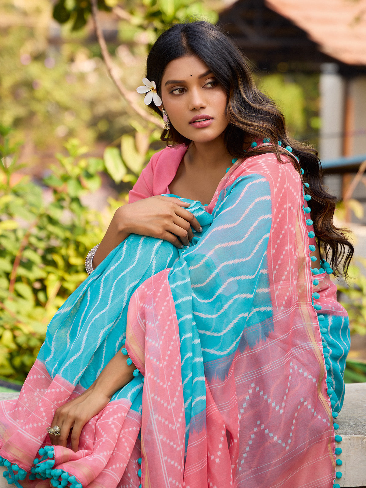 Sky blue malmal cotton saree with contrast detailing