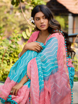 Sky blue malmal cotton saree with contrast detailing