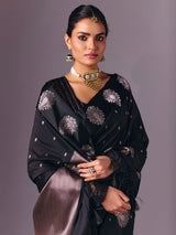 Black semi silk party wear zari work saree