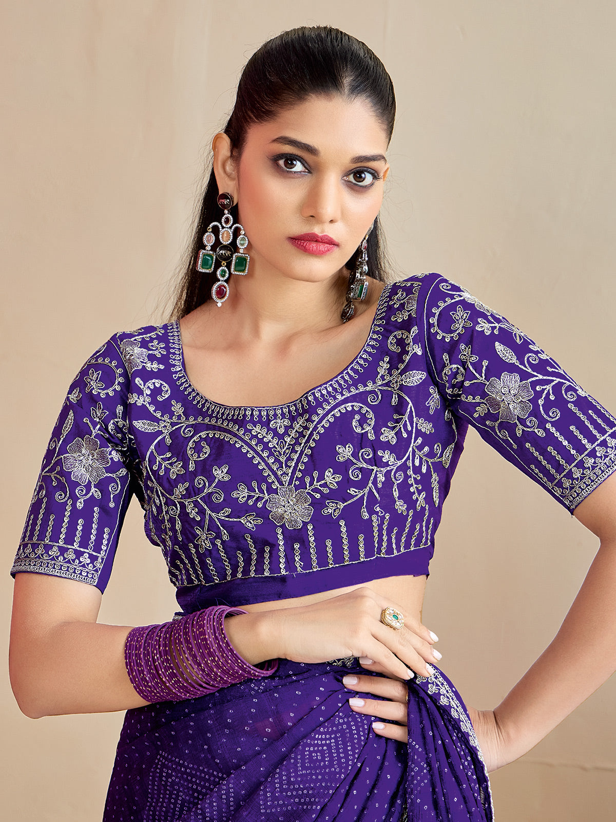 Purple georgette bandhej printed festive saree