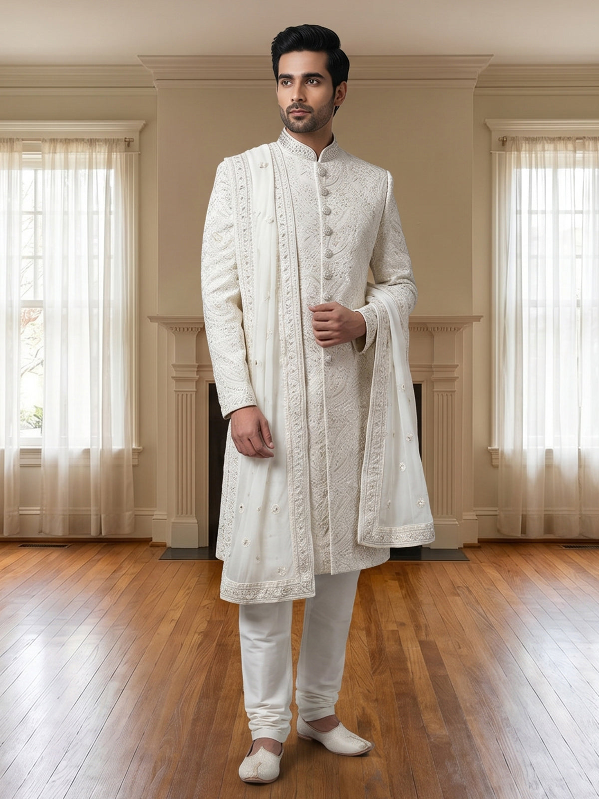 Cream chikankari sherwani with ornate collar detailing