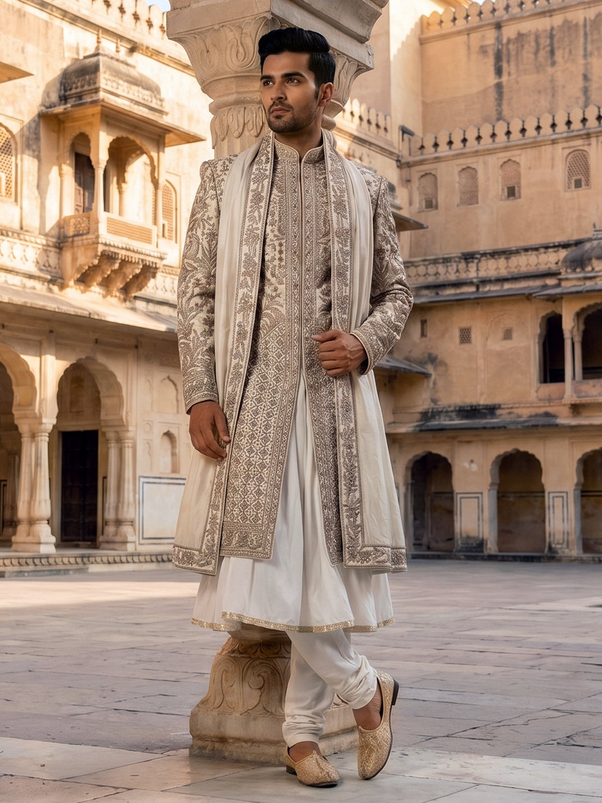 Cream raw silk sherwani with regal zardosi and sequins work
