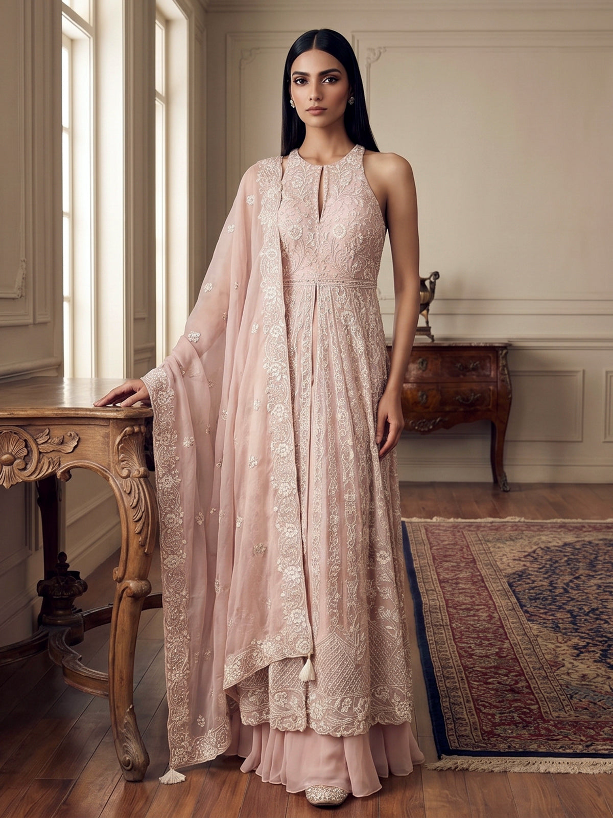 Elegant pink tissue silk palazzo suit with designer detailing