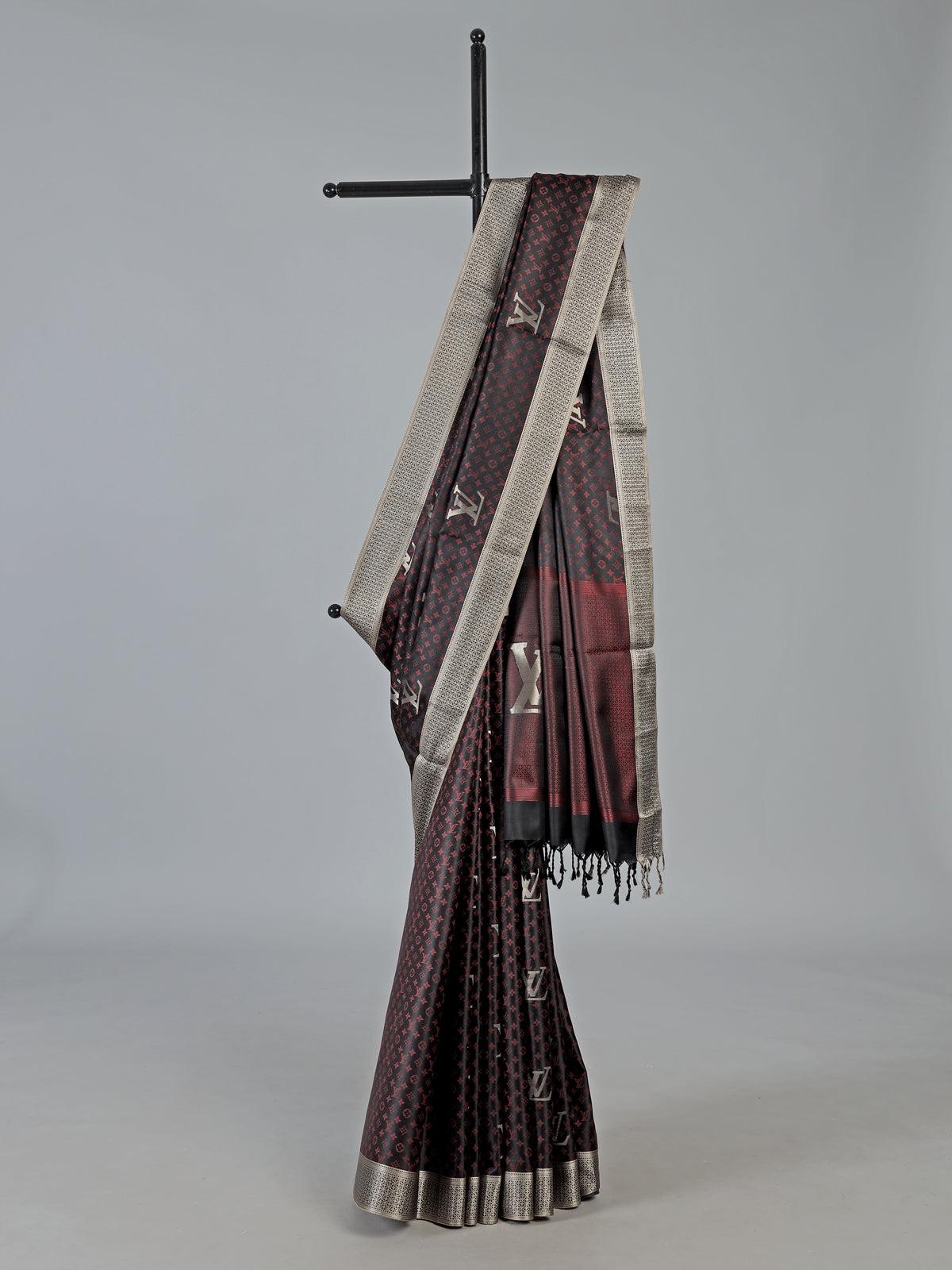 Charcoal black banarasi silk saree with intricate zari work