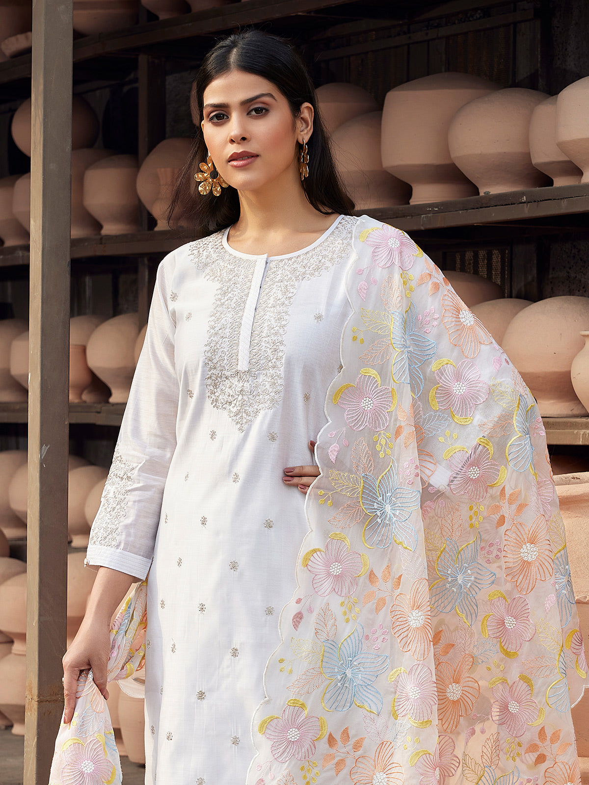 White tissue salwar suit with elegant embroidery