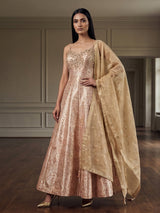 Peach brocade anarkali suit with zardosi zari elegance