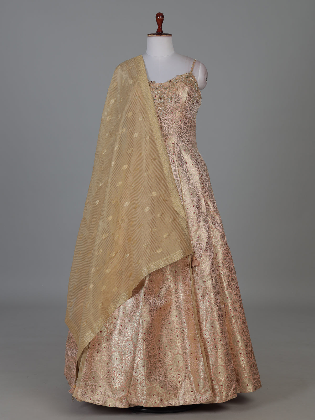 Peach brocade anarkali suit with zardosi zari elegance