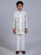 Off white terry rayon indowestern suit with thread embroidery