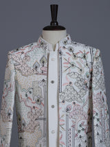Off white terry rayon indowestern suit with thread embroidery