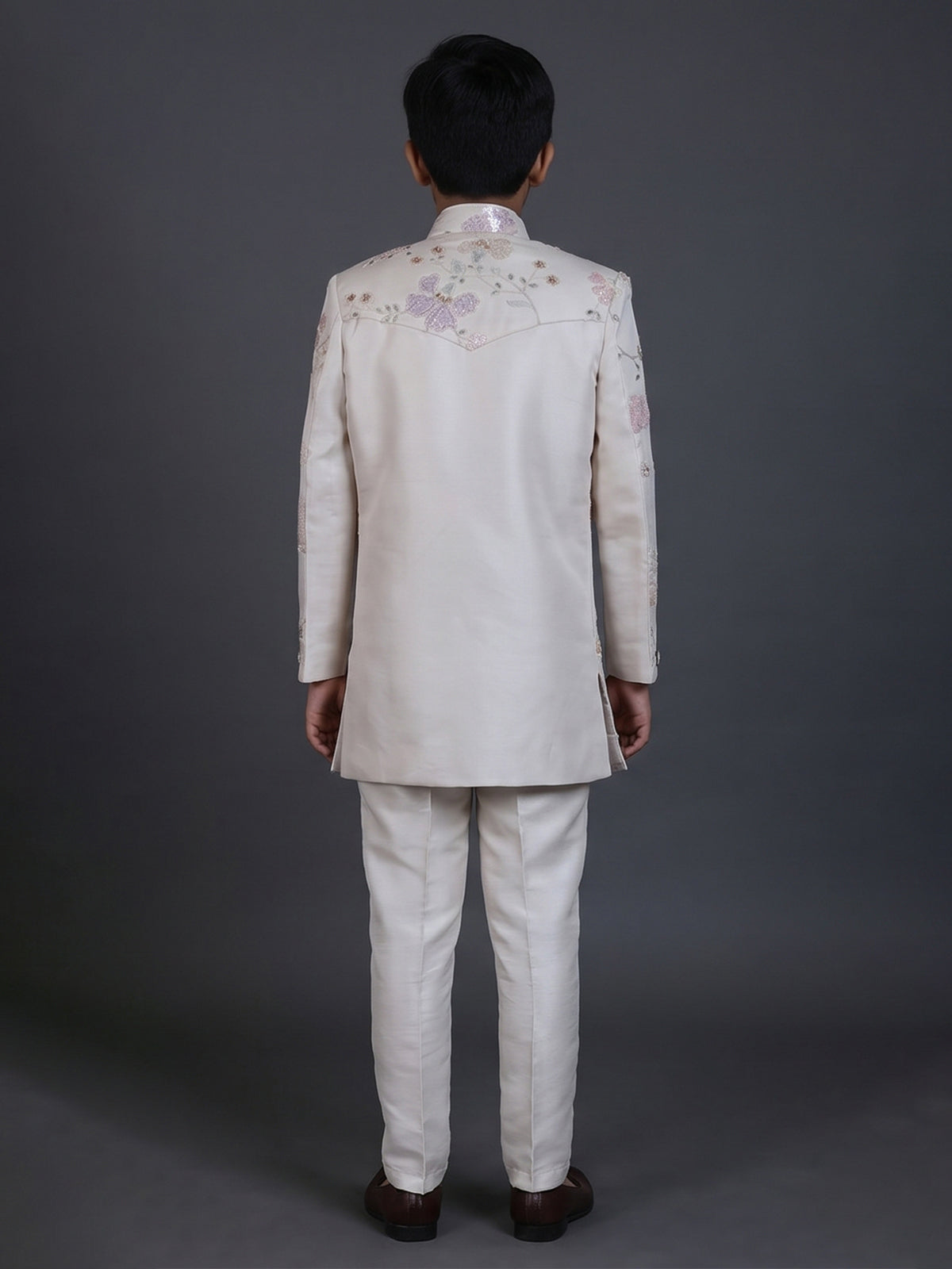 Cream silk blend indowestern suit with sequin embroidery