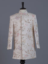 Cream silk blend indowestern suit with sequin embroidery