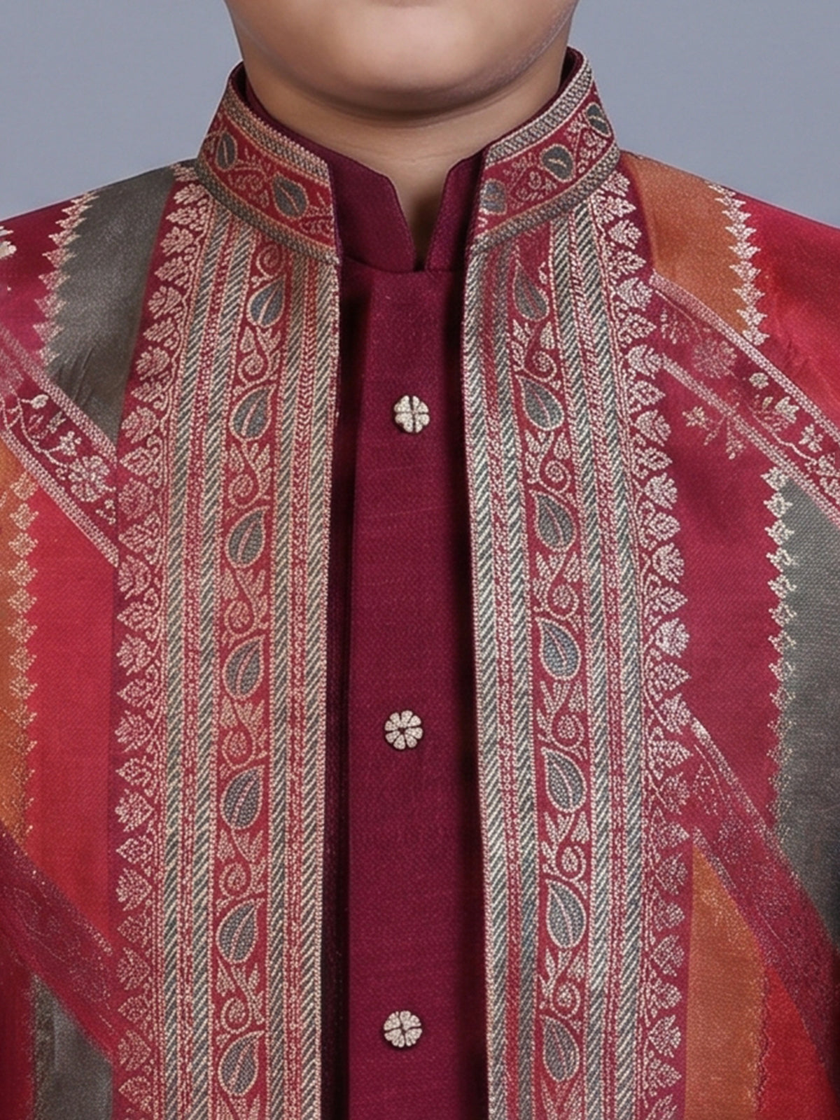 Maroon silk blend indowestern suit with zari detailing
