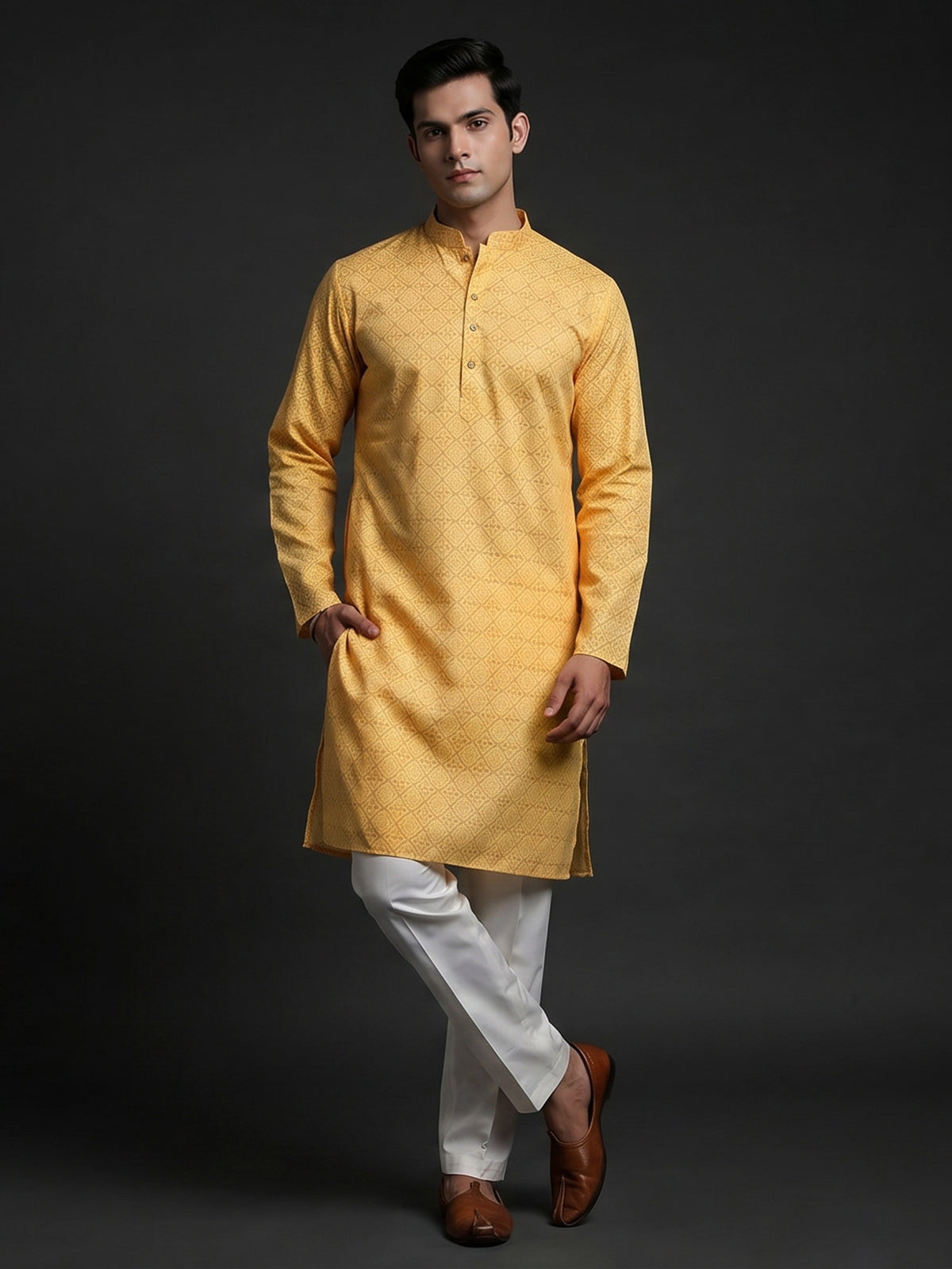 Yellow printed kurta suit in cotton silk for haldi