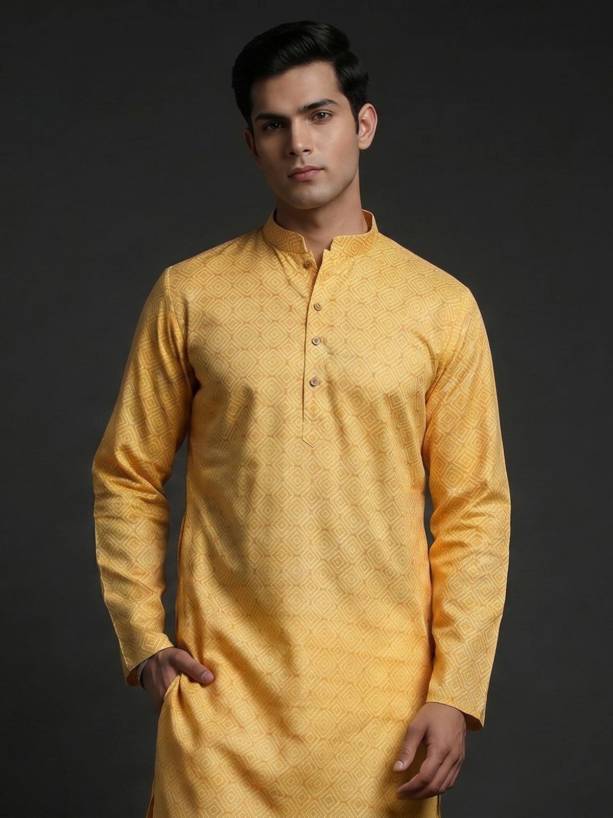 Yellow printed kurta suit in cotton silk for haldi