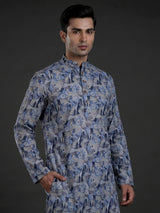 Grey and blue printed cotton kurta suit