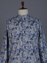 Grey and blue printed cotton kurta suit