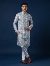 Grey printed cotton silk kurta suit for men