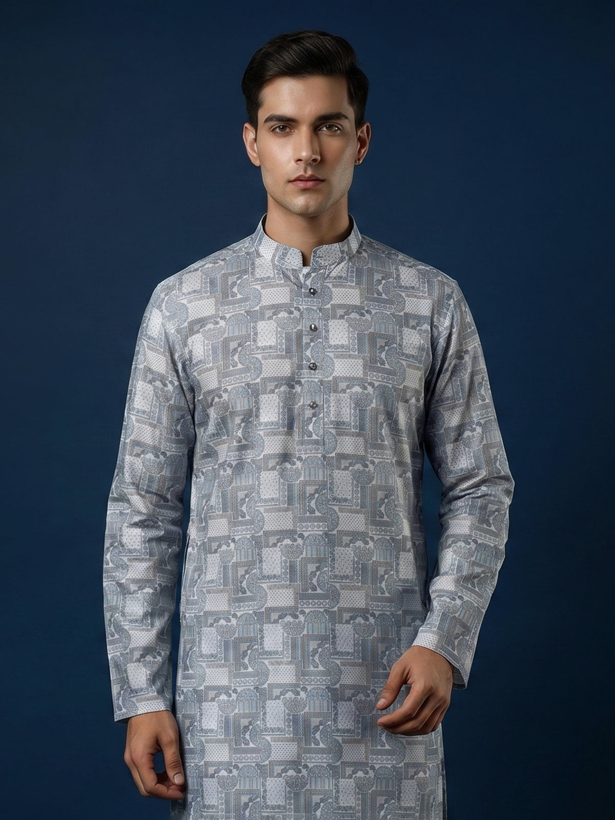 Grey printed cotton silk kurta suit for men