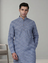 Stone blue cotton silk kurta suit with print