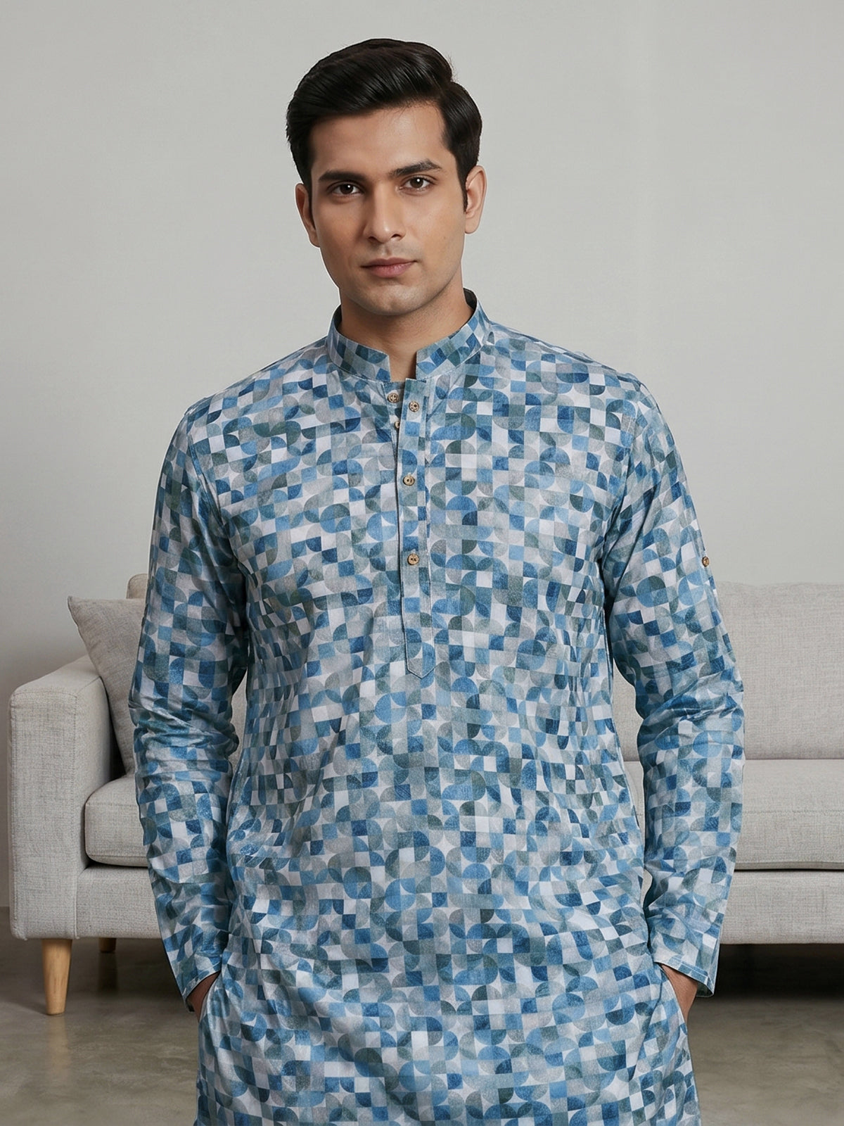 Blue cotton silk printed kurta suit for festivals