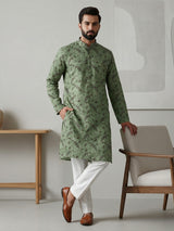 Green festive printed kurta suit in cotton