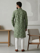 Green festive printed kurta suit in cotton