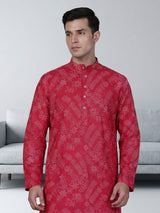Red cotton festive wear printed kurta suit for men