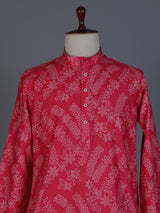 Red cotton festive wear printed kurta suit for men