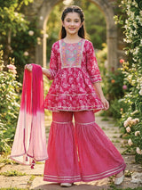 Rani pink cotton sharara suit with floral prints